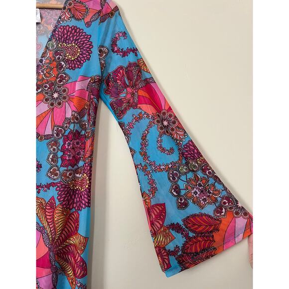 NWT Trina Turk Long-Sleeve V-Neck Mesh Maxi Dress Summer A-Line Swim Cover-Up M - Picture 4 of 5